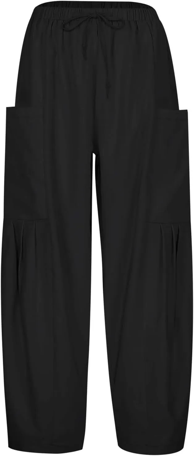 Women Cotton Linen Summer Comfy Pant Trousers Elastic Waist Baggy Stretchy Slim Fit Palazzo Lounge Pants Trendy