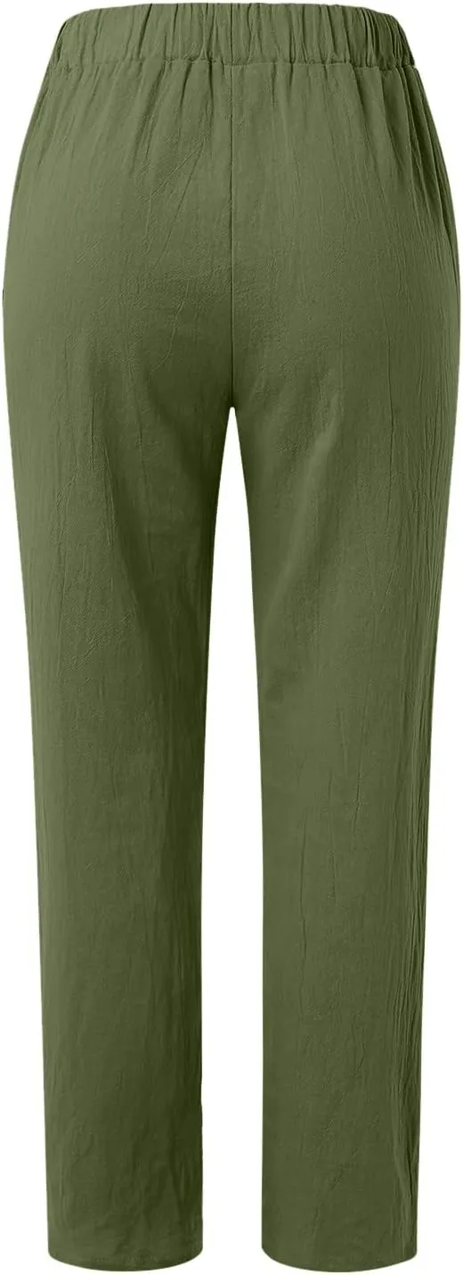Women Cotton Linen Summer Striped Pants Elastic Waist Wide Leg Slim-Fit Palazzo Lounge Pants Beach