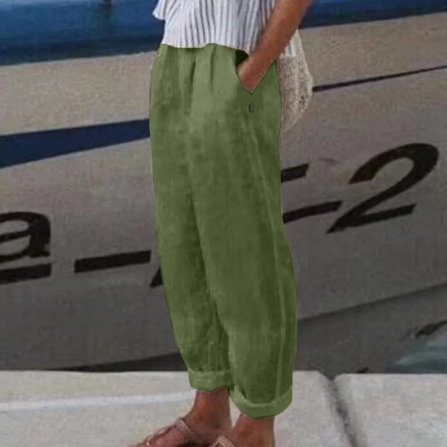 Women Cotton Linen Summer Striped Pants Elastic Waist Wide Leg Slim-Fit Palazzo Lounge Pants Beach