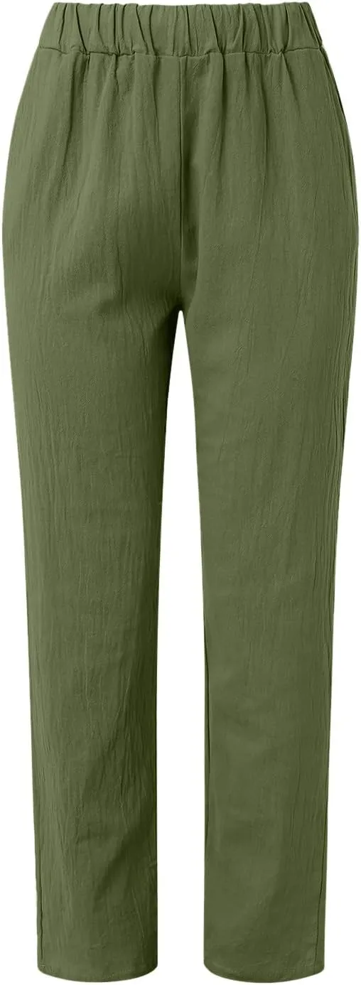 Women Cotton Linen Summer Striped Pants Elastic Waist Wide Leg Slim-Fit Palazzo Lounge Pants Beach
