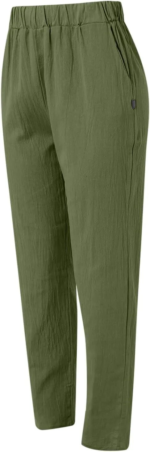 Women Cotton Linen Summer Striped Pants Elastic Waist Wide Leg Slim-Fit Palazzo Lounge Pants Beach