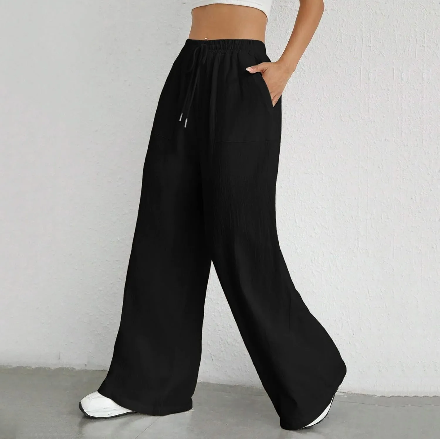 Women Cotton Linen Summer Tie Knot Palazzo Pants Elastic Waist Wide Leg Slim Fit Trouser Trendy