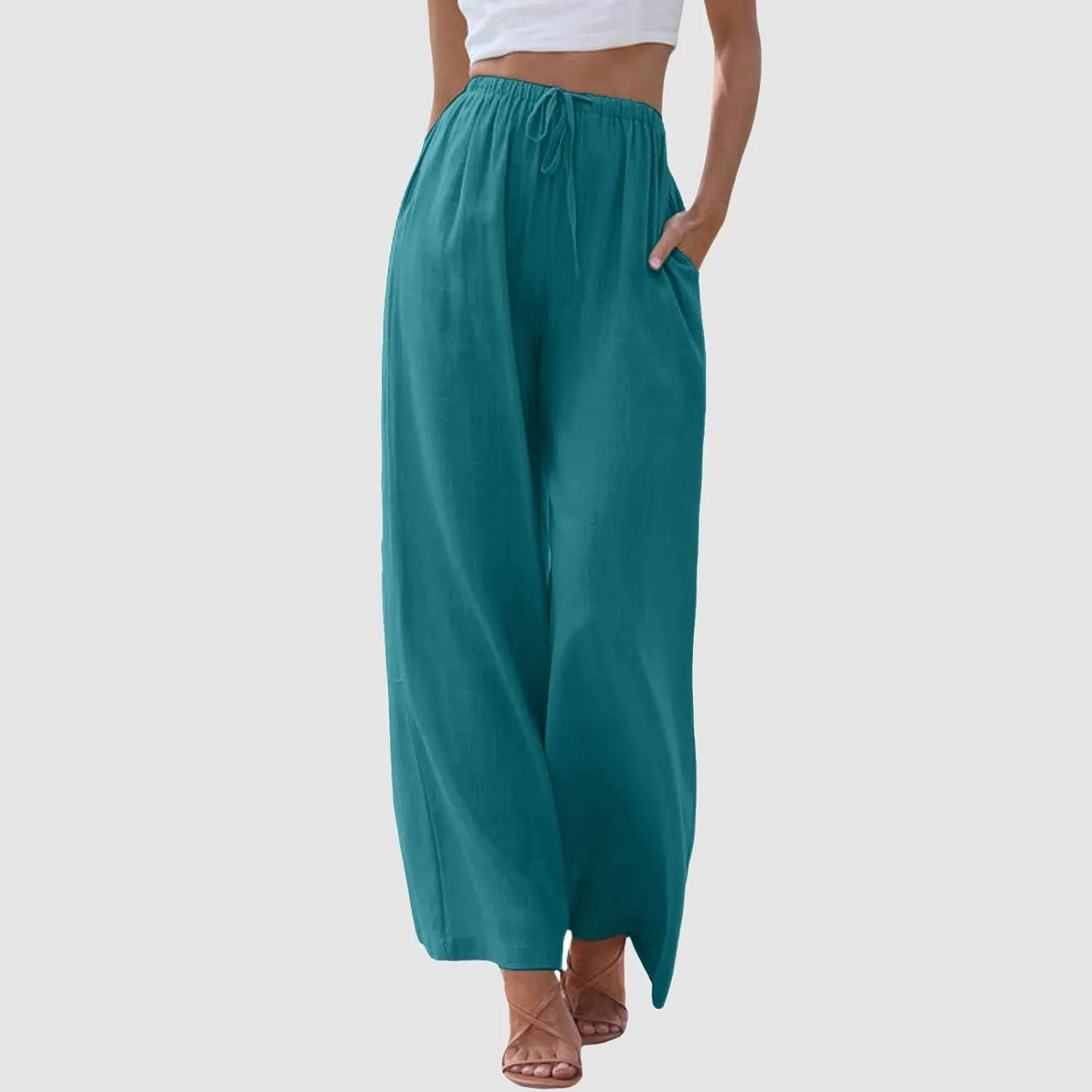 Women Cotton Linen Summer Tie Knot Palazzo Pants Elastic Waist Wide Leg Slim Fit Trouser Trendy