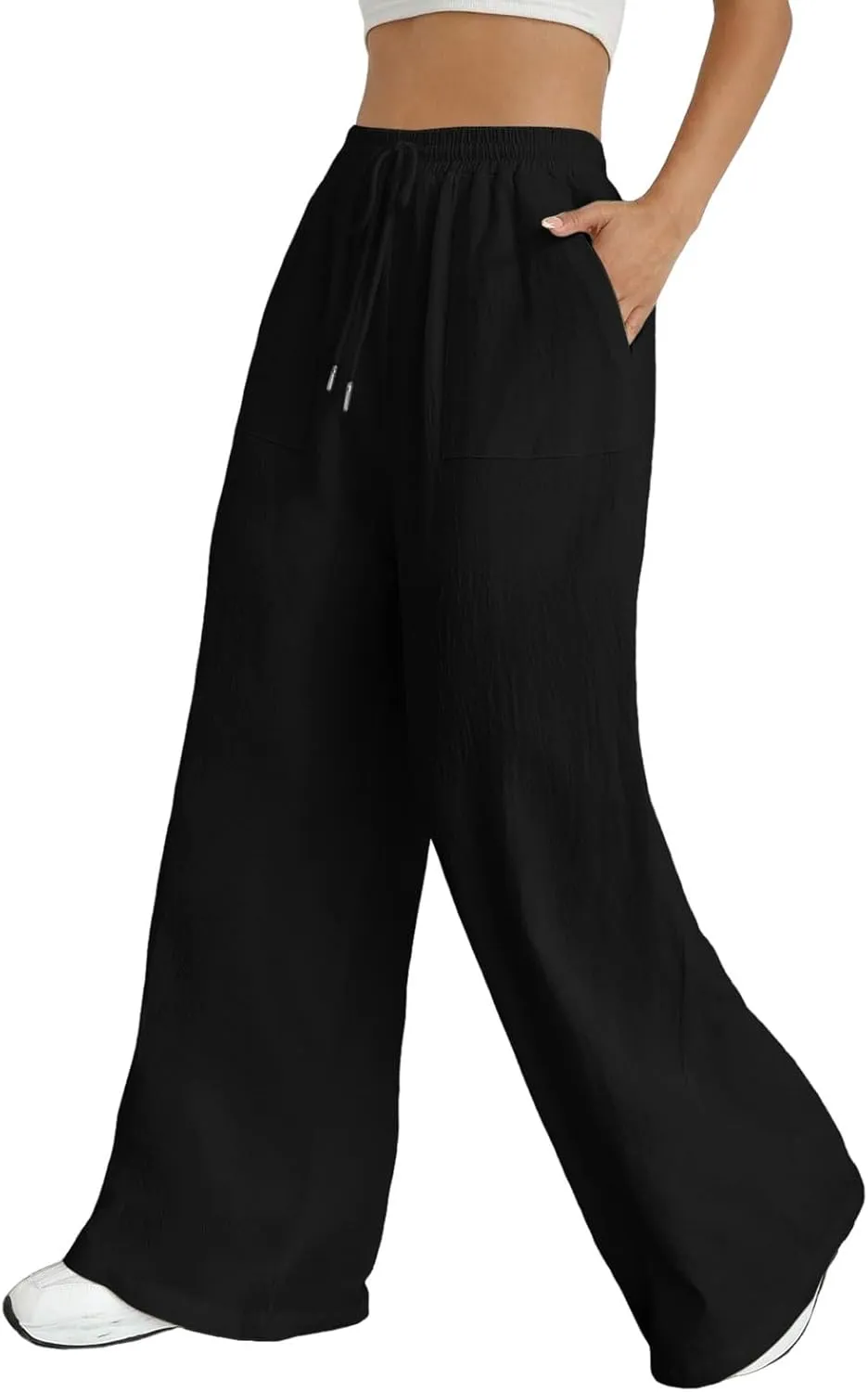 Women Cotton Linen Summer Tie Knot Palazzo Pants Elastic Waist Wide Leg Slim Fit Trouser Trendy