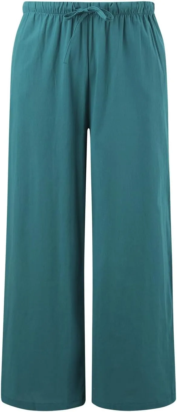Women Cotton Linen Summer Tie Knot Palazzo Pants Elastic Waist Wide Leg Slim Fit Trouser Trendy
