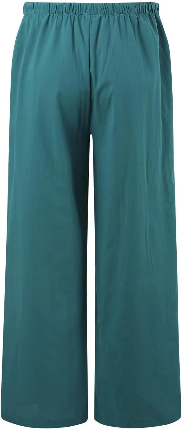 Women Cotton Linen Summer Tie Knot Palazzo Pants Elastic Waist Wide Leg Slim Fit Trouser Trendy