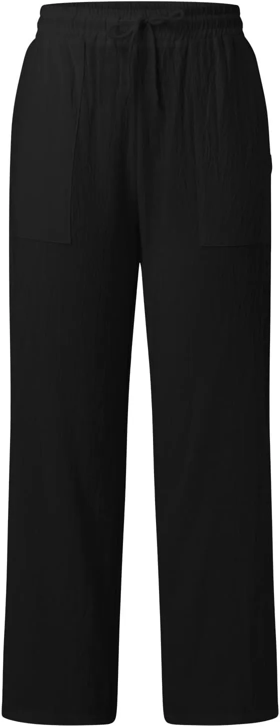 Women Cotton Linen Summer Tie Knot Palazzo Pants Elastic Waist Wide Leg Slim Fit Trouser Trendy