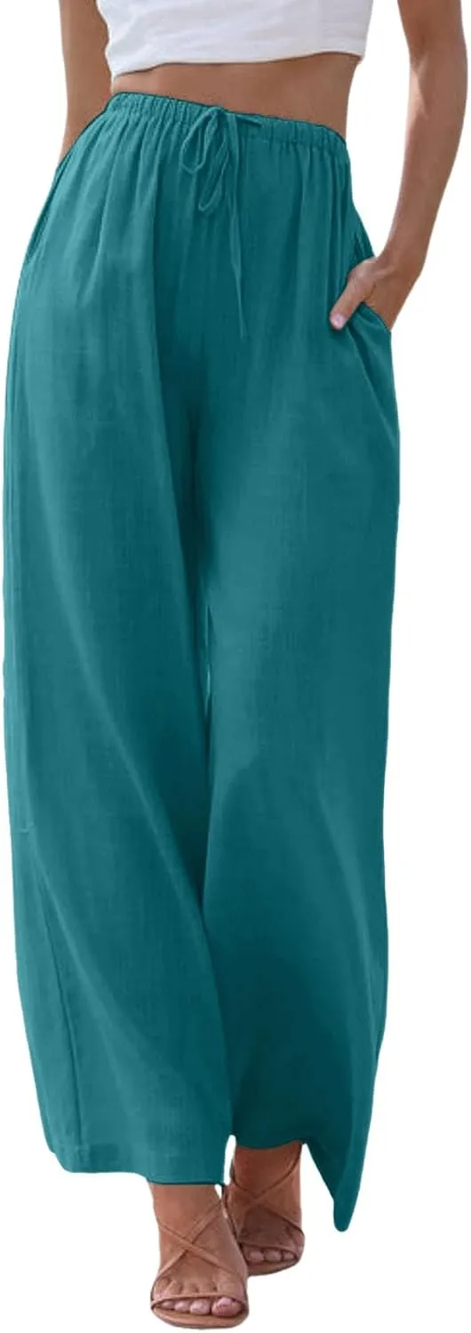 Women Cotton Linen Summer Tie Knot Palazzo Pants Elastic Waist Wide Leg Slim Fit Trouser Trendy