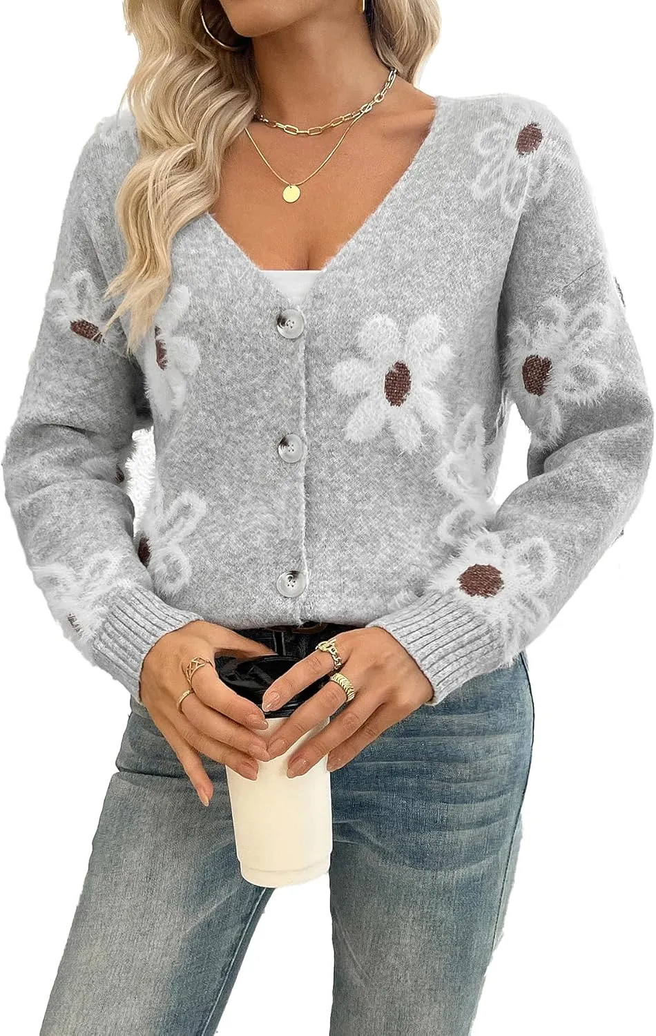 Women Floral Print Cardigan Long Sleeve Button Down V Neck Drop Shoulder Knit Cute Outerwear Sweater Grey