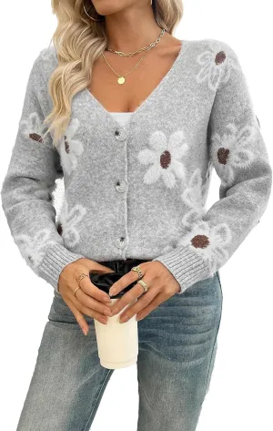 Women Floral Print Cardigan Long Sleeve Button Down V Neck Drop Shoulder Knit Cute Outerwear Sweater Grey