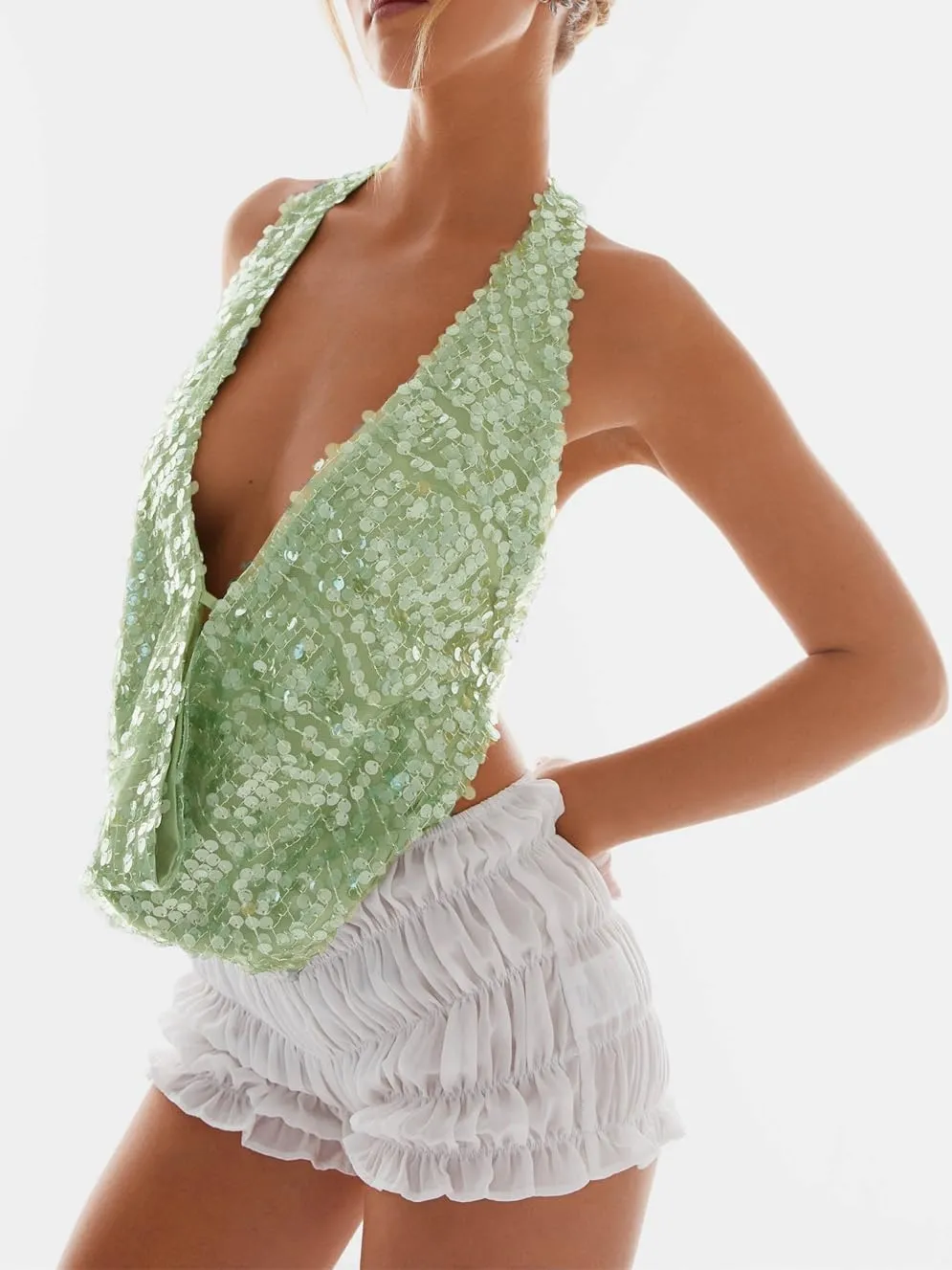 Women Halter Sequin Tank Top Sexy Y2K V Neck Low Cut Sleeveless Backless Vest Coquette Sparkly Summer Club Streetwear