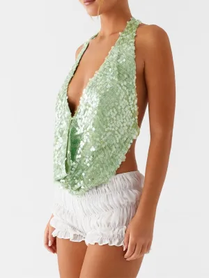 Women Halter Sequin Tank Top Sexy Y2K V Neck Low Cut Sleeveless Backless Vest Coquette Sparkly Summer Club Streetwear