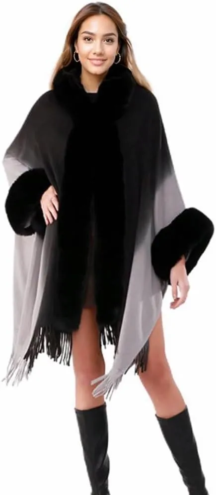 Women Hooded Poncho Cape Faux Fur Trim Shawl Wrap with Tassel Faux Fur Collar Cardigan Cloak for Party Evening