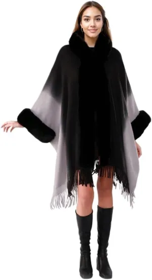 Women Hooded Poncho Cape Faux Fur Trim Shawl Wrap with Tassel Faux Fur Collar Cardigan Cloak for Party Evening