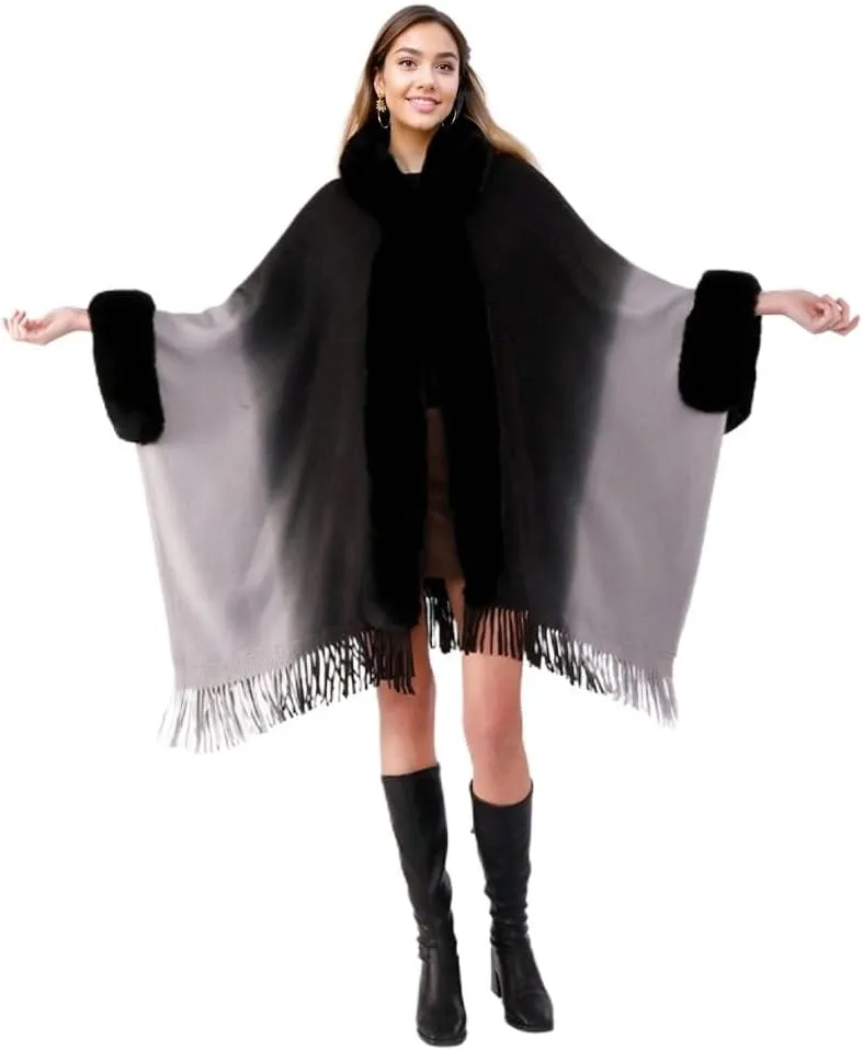 Women Hooded Poncho Cape Faux Fur Trim Shawl Wrap with Tassel Faux Fur Collar Cardigan Cloak for Party Evening