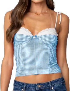 Women Lace Trim Plaid Cami Shoulder Tie Up Bustier Slim Fit Crop Camisoles Going Out Sleeveless Tank Tops Streetwear