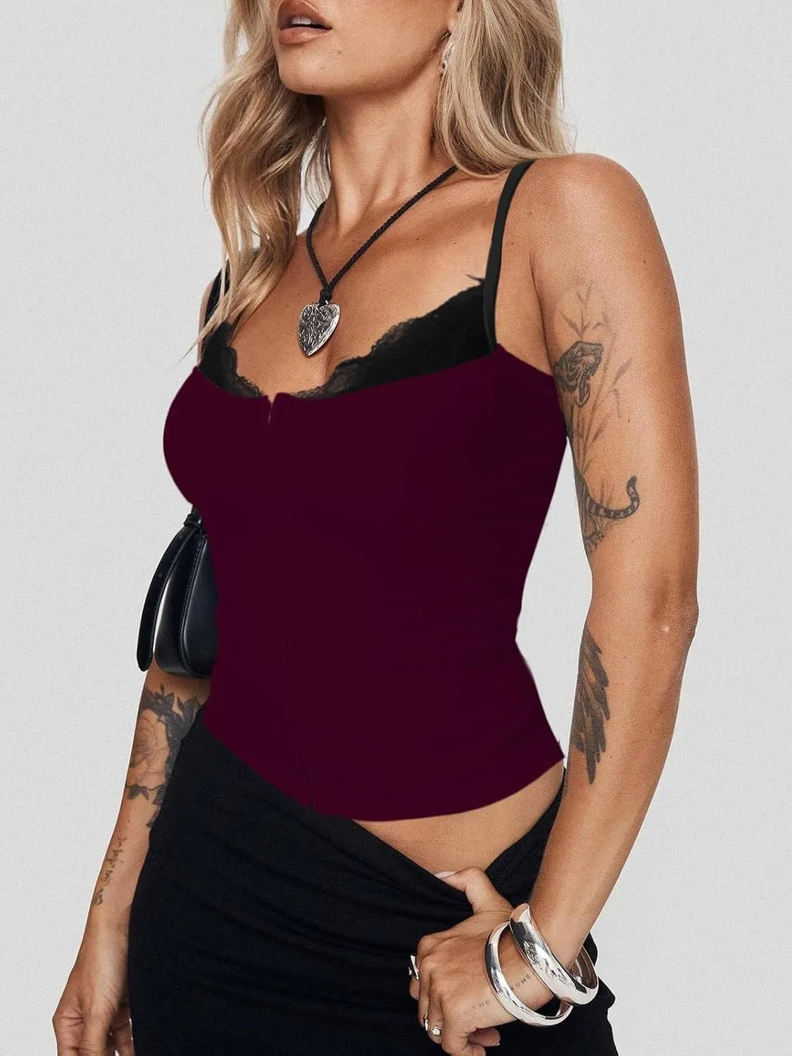 Women Lace Trim Tank Cami Top with Built in Bra Cute Padded Lingerie for Summer Date Night Going Out