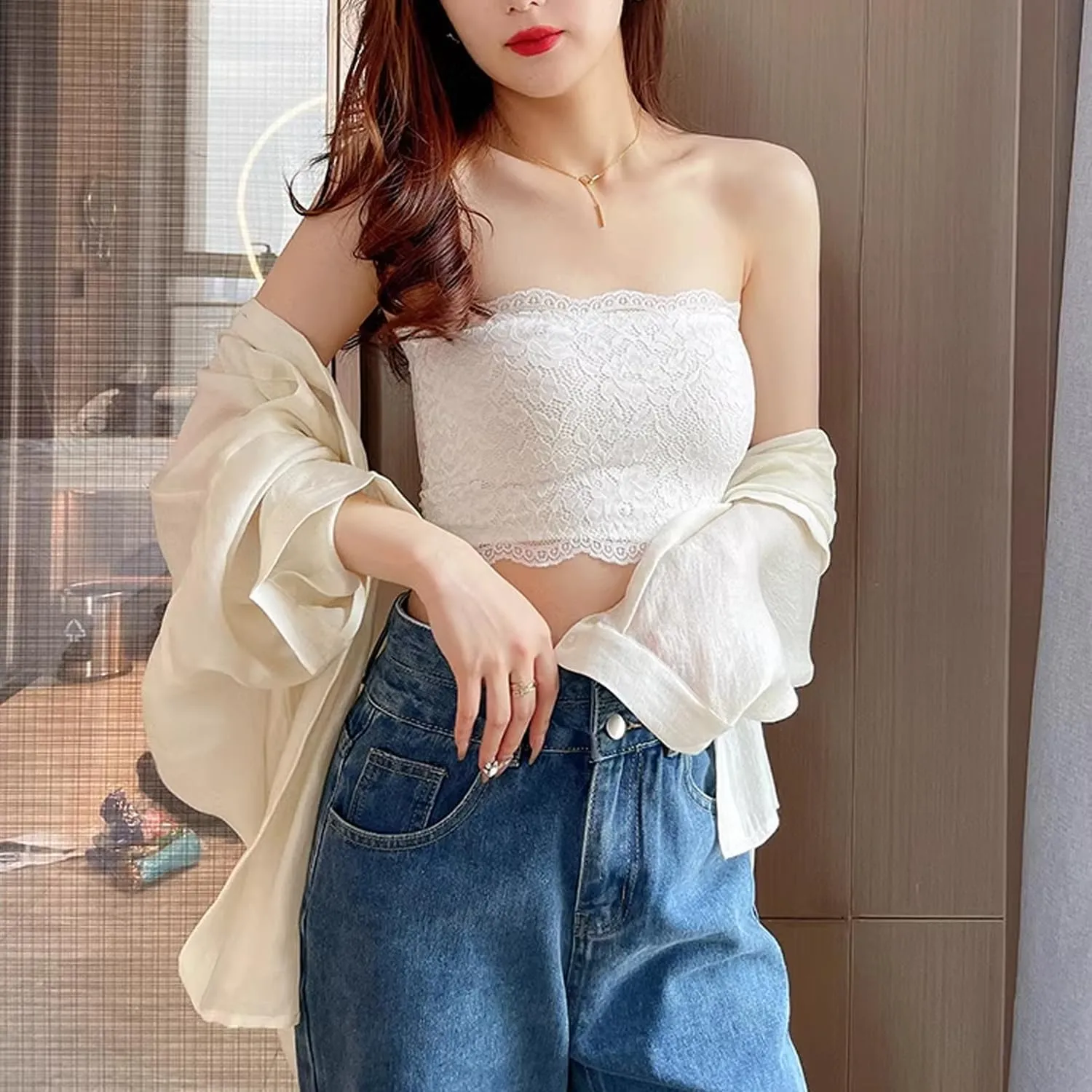 Women Lace Tube Tops Modesty Panel Cleavage Cover for Low Neckline Lace Strapless Bra Bandeau Top Chest Wrap Girls