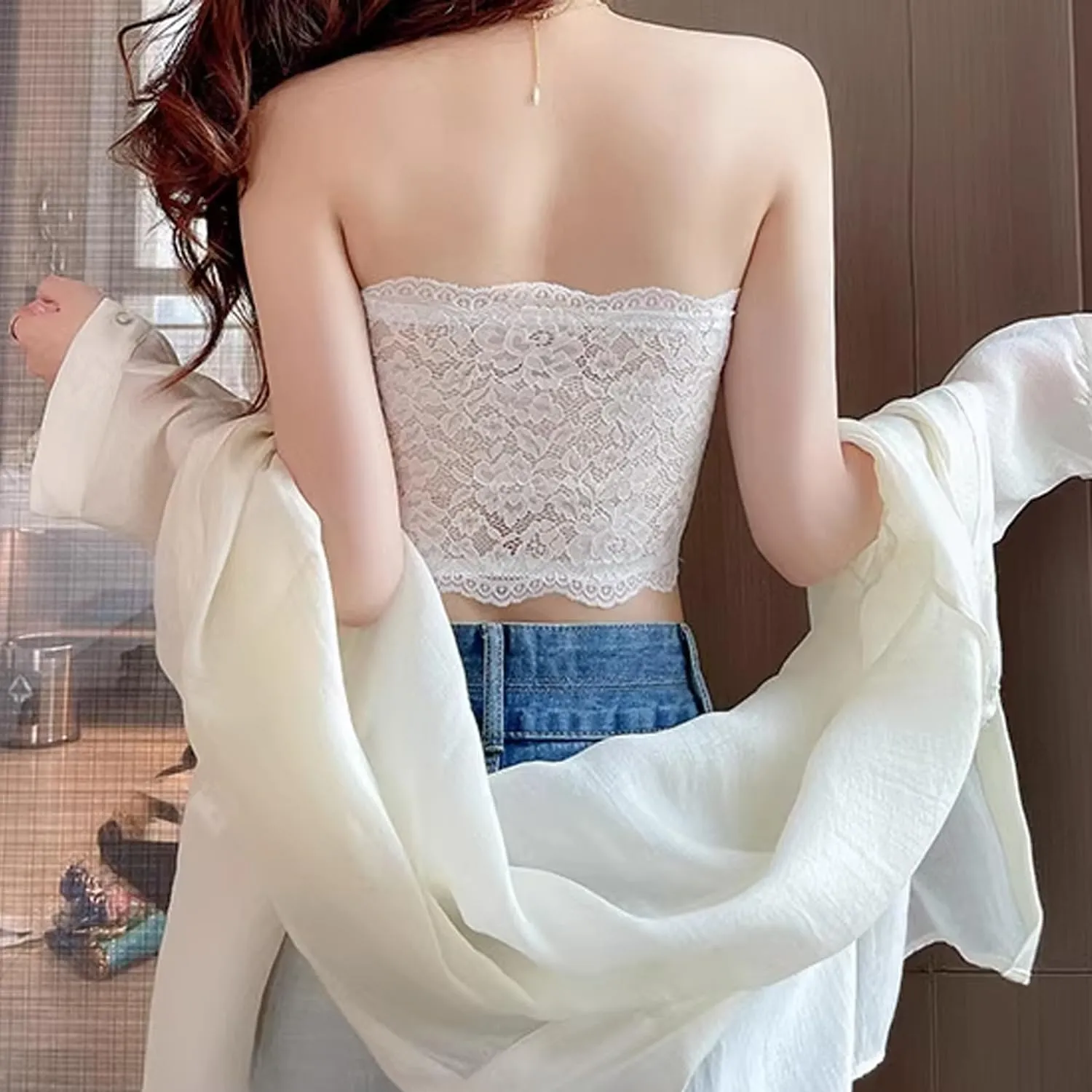 Women Lace Tube Tops Modesty Panel Cleavage Cover for Low Neckline Lace Strapless Bra Bandeau Top Chest Wrap Girls