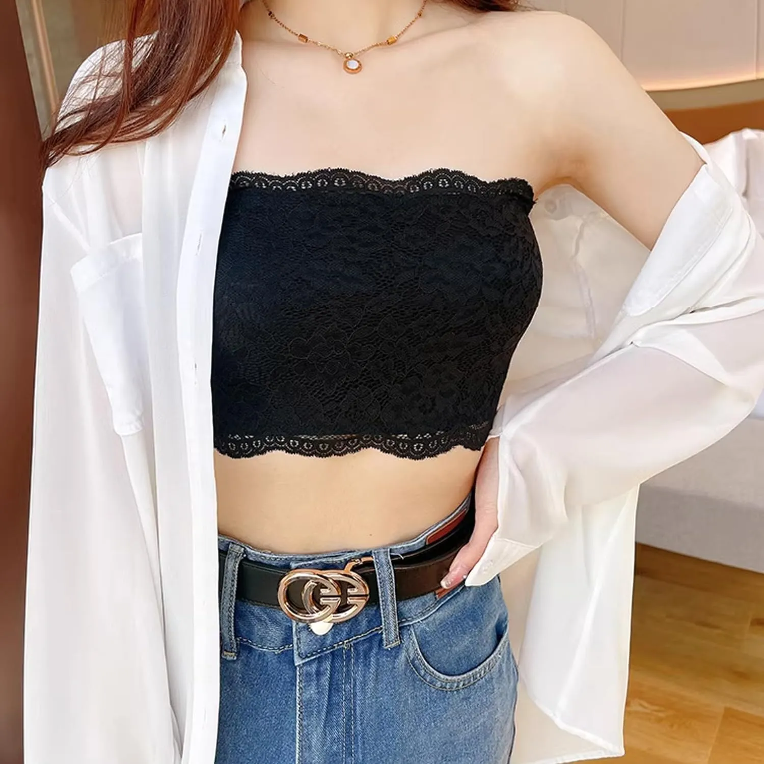 Women Lace Tube Tops Modesty Panel Cleavage Cover for Low Neckline Lace Strapless Bra Bandeau Top Chest Wrap Girls