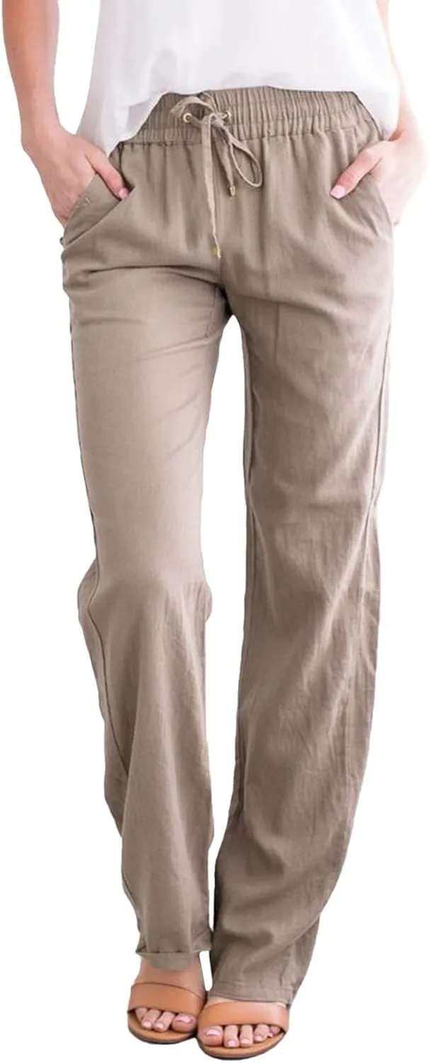Women Linen Summer Lightweigt Palazzo Pants Elastic Waist Ankle Length Loose Fit Palazzo Pants Business Work