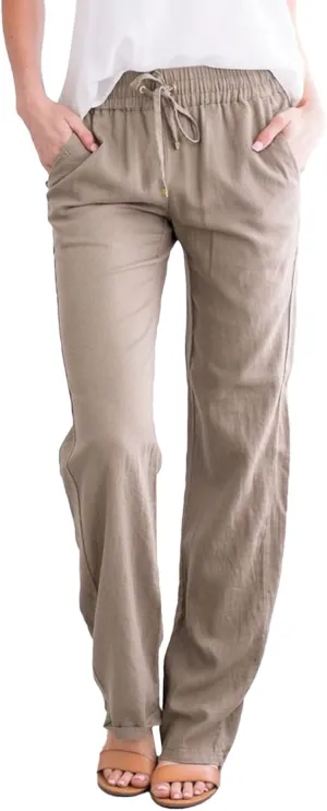 Women Linen Summer Lightweigt Palazzo Pants Elastic Waist Ankle Length Loose Fit Palazzo Pants Business Work