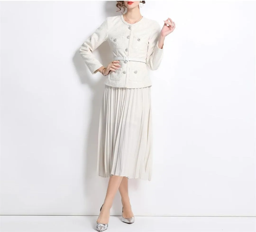 Women Long Sleeve Crystal Tweed Jackets Beading Coat Pleated Midi Long Chiffon Skirts Suits Party Dress