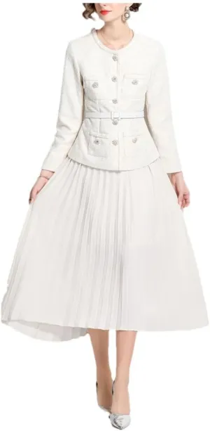 Women Long Sleeve Crystal Tweed Jackets Beading Coat Pleated Midi Long Chiffon Skirts Suits Party Dress