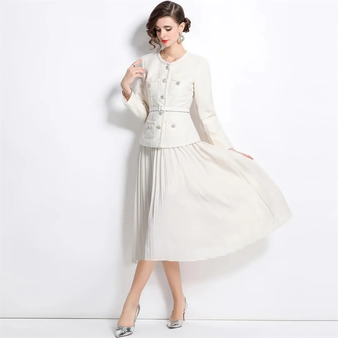 Women Long Sleeve Crystal Tweed Jackets Beading Coat Pleated Midi Long Chiffon Skirts Suits Party Dress