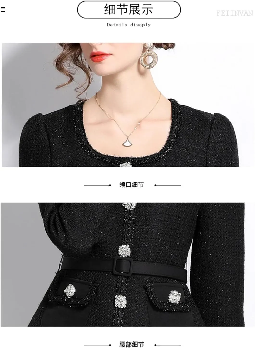 Women Long Sleeve Crystal Tweed Jackets Beading Coat Pleated Midi Long Chiffon Skirts Suits Party Dress
