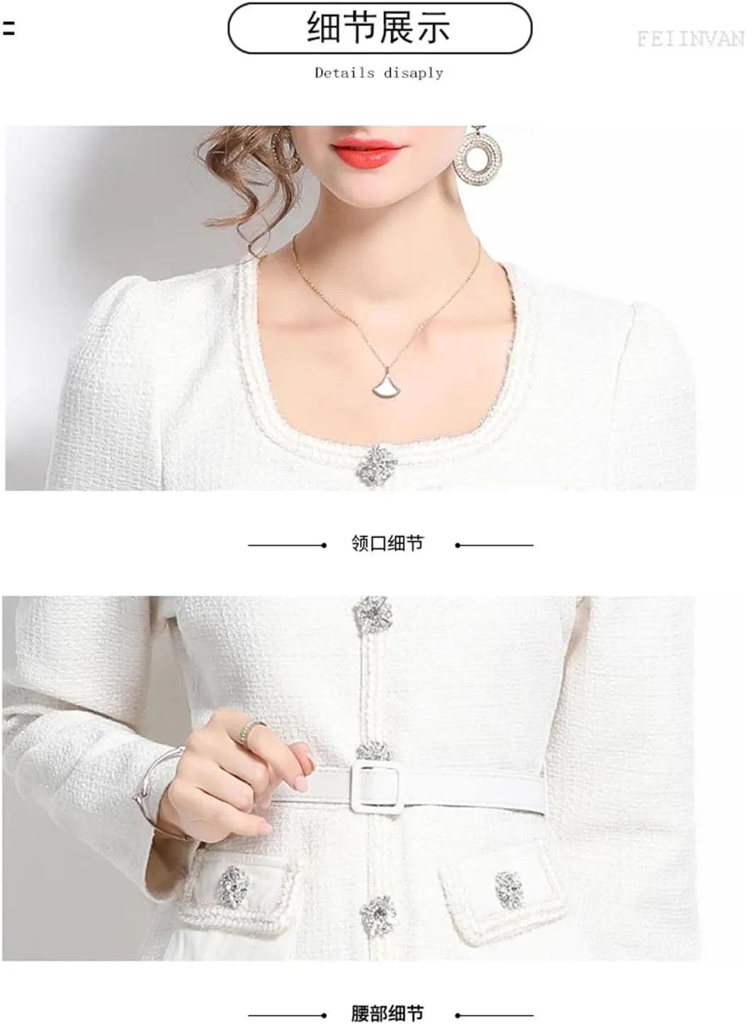 Women Long Sleeve Crystal Tweed Jackets Beading Coat Pleated Midi Long Chiffon Skirts Suits Party Dress