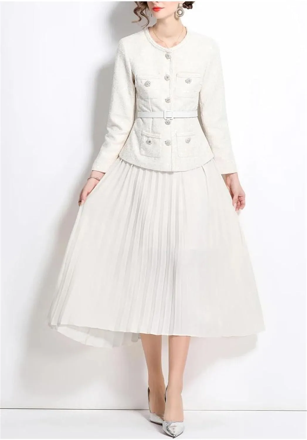 Women Long Sleeve Crystal Tweed Jackets Beading Coat Pleated Midi Long Chiffon Skirts Suits Party Dress