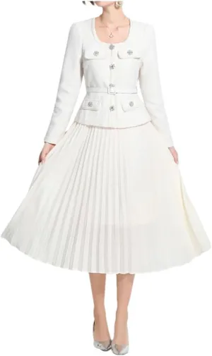 Women Long Sleeve Crystal Tweed Jackets Beading Coat Pleated Midi Long Chiffon Skirts Suits Party Dress