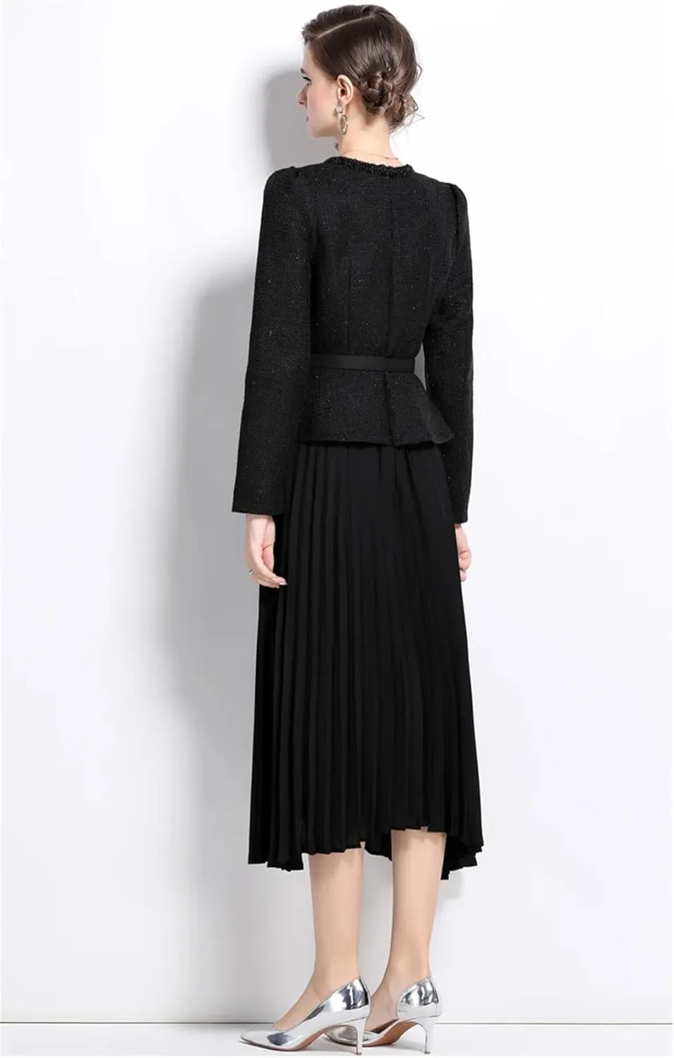 Women Long Sleeve Crystal Tweed Jackets Beading Coat Pleated Midi Long Chiffon Skirts Suits Party Dress