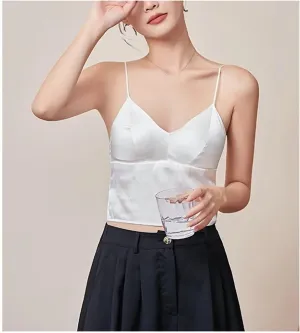 Women Mulberry-Silk Camisole Padded Bralette Tube Top With Bra Fitted Cropped Tanks Basic Bottoming Tops