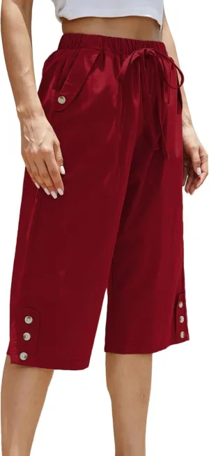 Women Pocket Pants Lightweight Wide Leg Drawstring Elastic Waist Yoga Lounge Cropped Pants