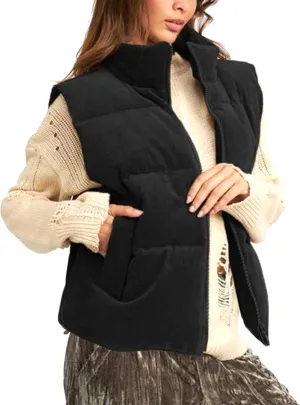 Women Quilted Puffer Vest Corduroy Sleeveless Jacket Zip Up Stand collar Lightweight Outerwear with Pocket 2025 Trendy