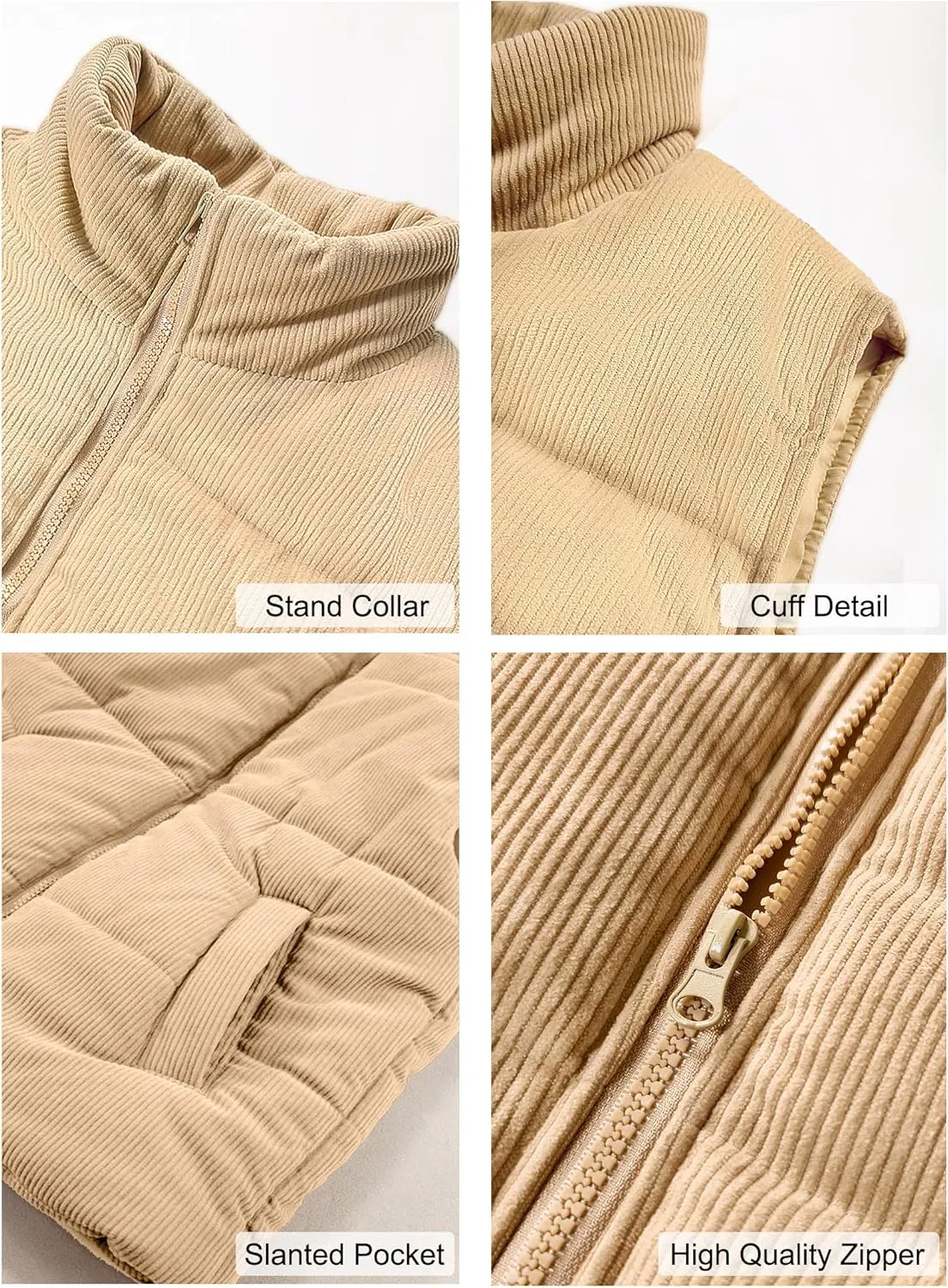 Women Quilted Puffer Vest Corduroy Sleeveless Jacket Zip Up Stand collar Lightweight Outerwear with Pocket 2025 Trendy