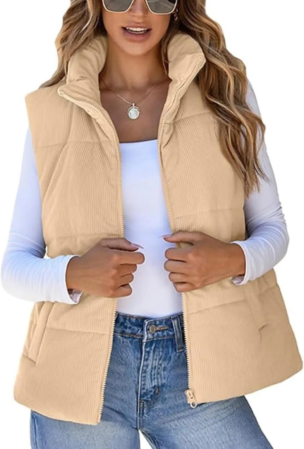 Women Quilted Puffer Vest Corduroy Sleeveless Jacket Zip Up Stand collar Lightweight Outerwear with Pocket 2025 Trendy