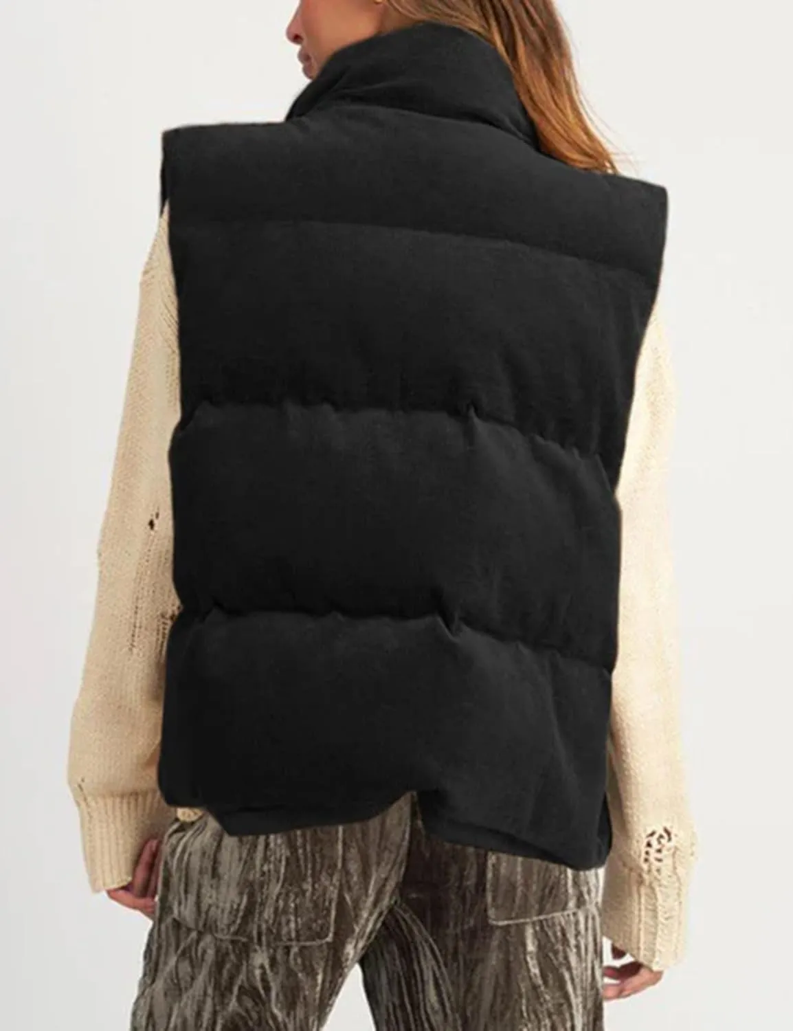 Women Quilted Puffer Vest Corduroy Sleeveless Jacket Zip Up Stand collar Lightweight Outerwear with Pocket 2025 Trendy