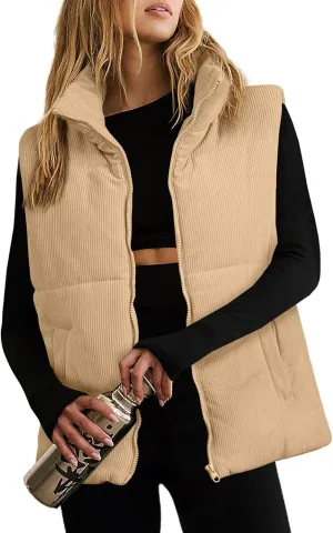 Women Quilted Puffer Vest Corduroy Sleeveless Jacket Zip Up Stand collar Lightweight Outerwear with Pocket 2025 Trendy