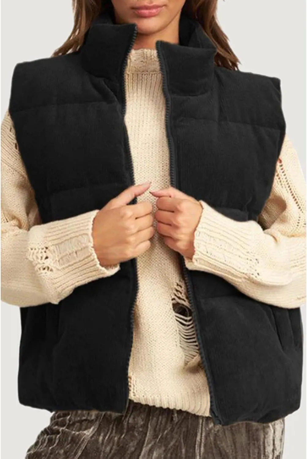 Women Quilted Puffer Vest Corduroy Sleeveless Jacket Zip Up Stand collar Lightweight Outerwear with Pocket 2025 Trendy