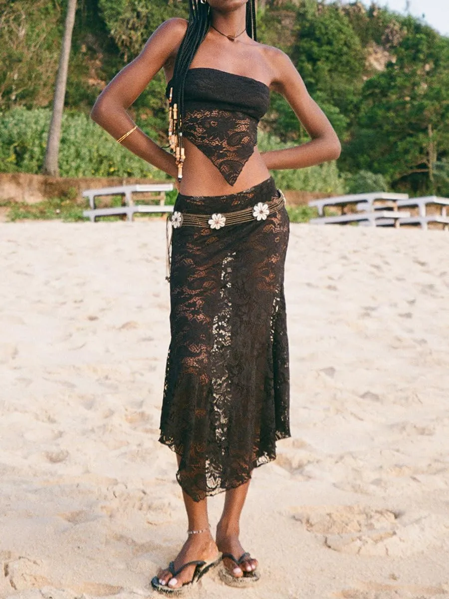 Women 's 2 Piece Beach Outfits Sleeveless Lace Crop Tank Top Bodycon Maxi Skirt Set Y2K Clubwear