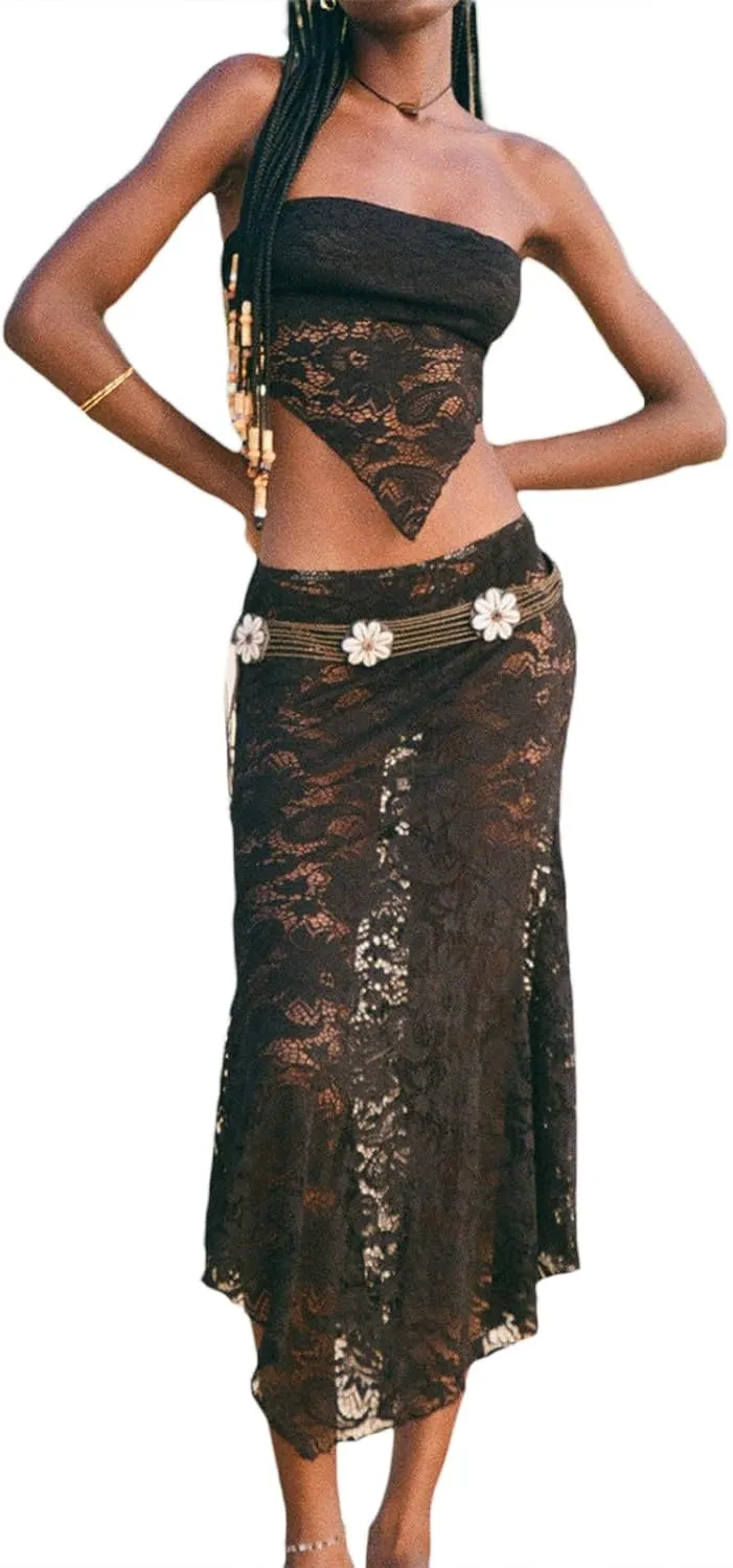 Women 's 2 Piece Beach Outfits Sleeveless Lace Crop Tank Top Bodycon Maxi Skirt Set Y2K Clubwear