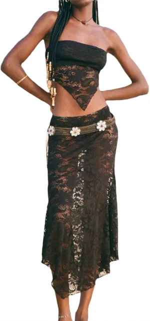 Women 's 2 Piece Beach Outfits Sleeveless Lace Crop Tank Top Bodycon Maxi Skirt Set Y2K Clubwear