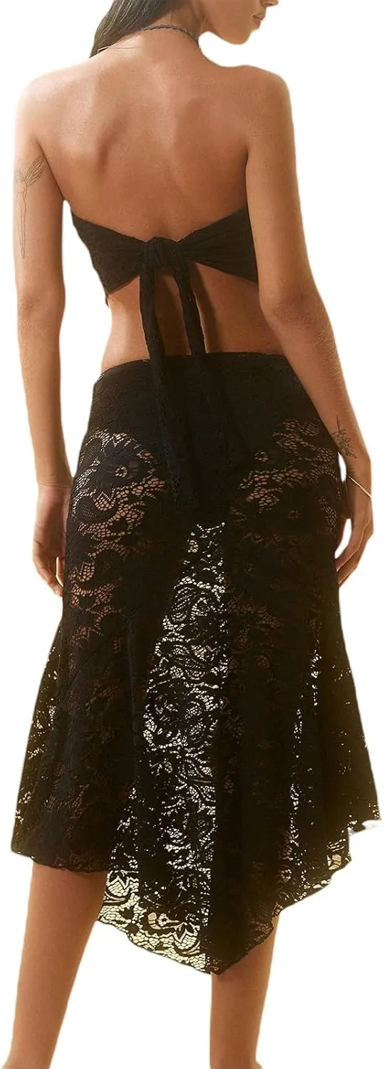 Women 's 2 Piece Beach Outfits Sleeveless Lace Crop Tank Top Bodycon Maxi Skirt Set Y2K Clubwear