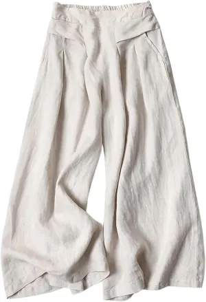 Women' s Culottes Linen Blend Wide Leg Pants Elastic Waist Casual High Waisted Palazzo Trousers with Pockets for Women