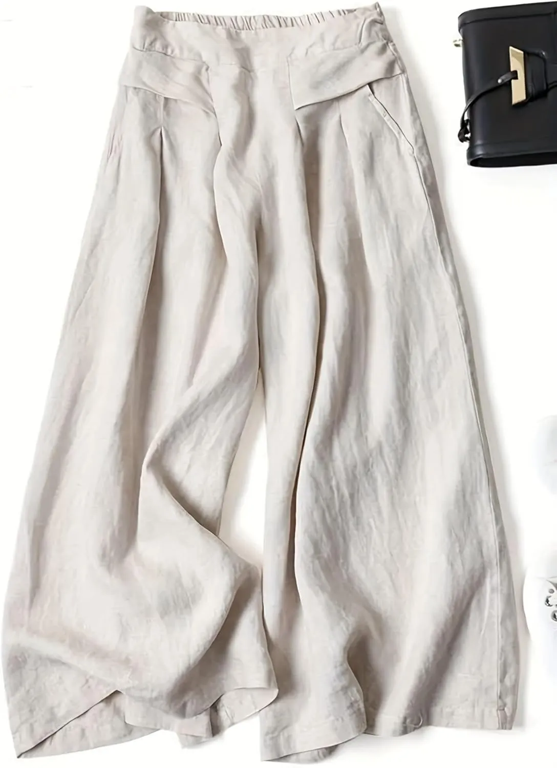 Women' s Culottes Linen Blend Wide Leg Pants Elastic Waist Casual High Waisted Palazzo Trousers with Pockets for Women