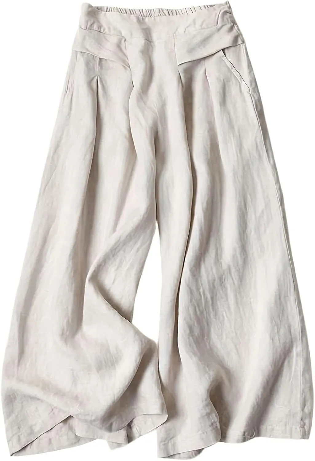 Women' s Culottes Linen Blend Wide Leg Pants Elastic Waist Casual High Waisted Palazzo Trousers with Pockets for Women