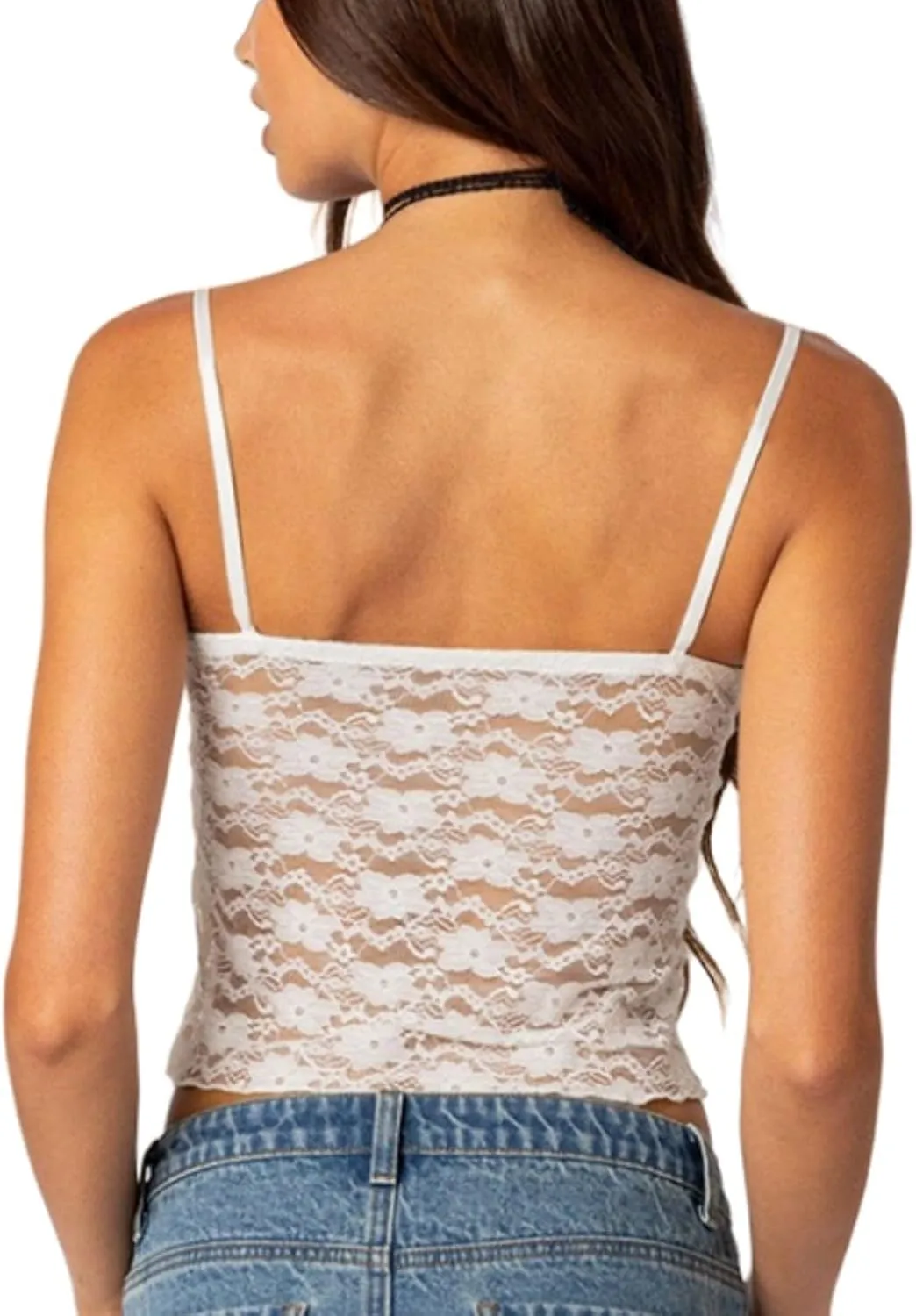 Women Sexy Lace Camisole Cute Crop Tops Sleeveless Slim Fit Low-Cut Mesh See-Through Y2K Tops Shirt